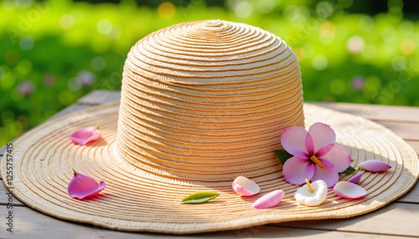 Fototapeta Sun hat resting on garden table surrounded by flower petals, spring garden planting