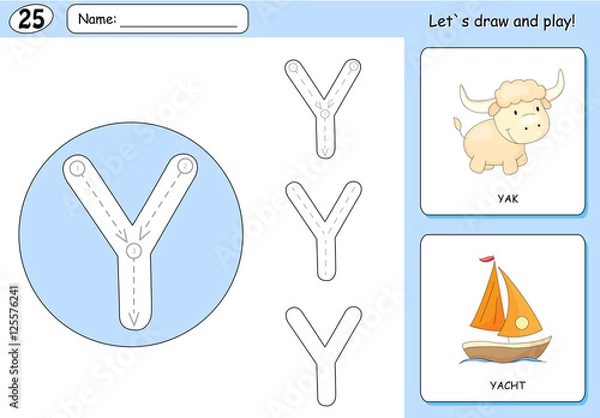 Fototapeta Cartoon yak and yacht. Alphabet tracing worksheet: writing A-Z a