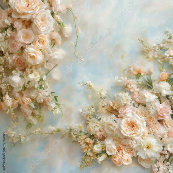 Fototapeta This image features a floral wreath composed of various flowers in soft hues, against a pastel blue and white watercolor-style background. The wreath includes pink, white, and cream roses, along with 