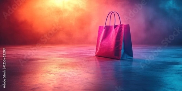 Fototapeta Neon Shopping Bag:  A vibrant pink shopping bag sits on a reflective surface bathed in neon lights, creating a stylish and modern image.