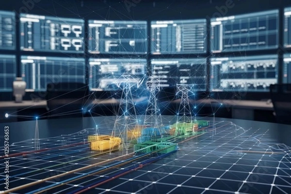 Fototapeta A digital twin model of an energy grid being optimized in real time