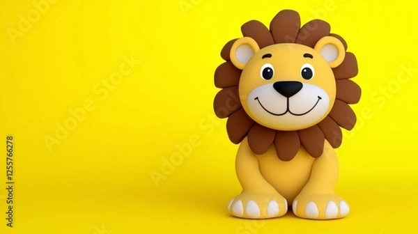 Obraz Cute cartoon lion figure, bright yellow background, pixelated style, 3d rendering, childlike theme, sitting pose, friendly expression, soft colors, digital art.