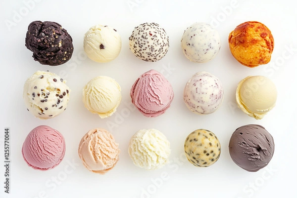 Obraz Set of various flavor ice cream scoop isolated on white background, Top view varies of gelato on white background., Fruit, chocolate, milk ice cream.