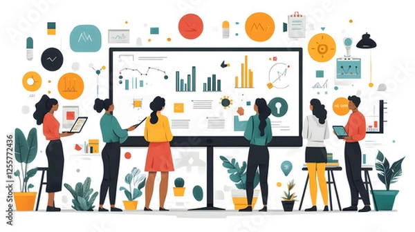 Fototapeta Team of innovators sharing creative concepts using virtual collaborative tools, flat vector style