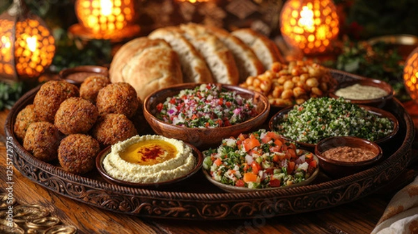 Obraz Middle Eastern mezze platter with pita, hummus, falafel, and salads on a festive table