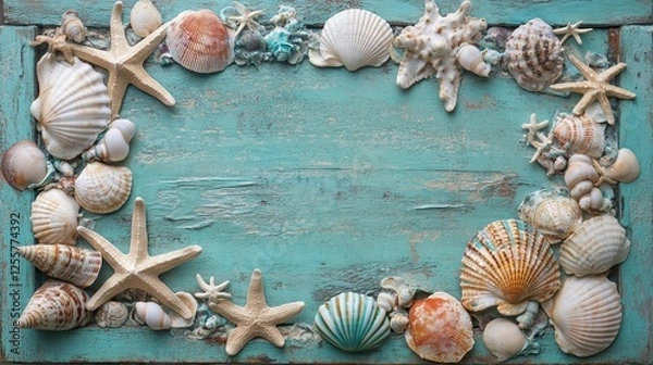 Fototapeta Artistic Arrangement of Tropical Seashells on Wood