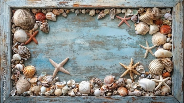 Fototapeta Coastal Treasures Displayed on Rustic Frame