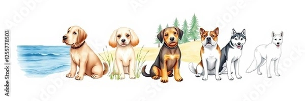 Fototapeta Adorable Dog Breed Portraits Labrador Cocker Spaniel Beagle Siberian Husky and White Swiss Shepherd