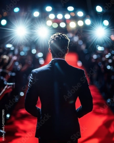 Obraz Silhouette of a man on the red carpet surrounded by photographers and bright camera flashes at a glamorous event

