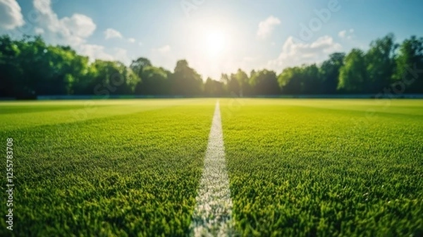 Obraz cricket field on a sunny day. Cricket pitch empty summer sport green grass field background. cricket pitch on a sunny day.