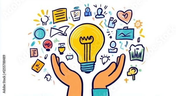 Obraz Hands Holding a Bright Light Bulb Surrounded by Colorful Icons Representing Ideas, Creativity, Innovation, and Collaboration in a Digital Environment