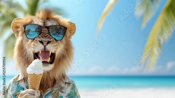 Fototapeta Lion wearing sunglasses, enjoying ice cream on a tropical beach, with clear turquoise waters in background.