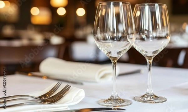 Fototapeta Empty wine glasses on a restaurant table setting, ready for diners, warm background lights