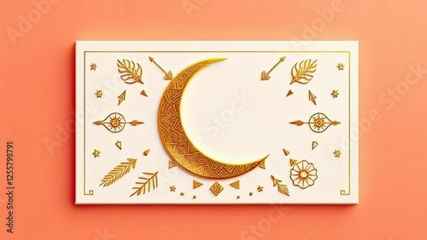 Fototapeta Golden Crescent Moon with Boho Chic Tribal Design Elements on White Background