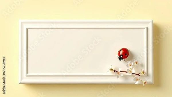 Fototapeta White Frame with Ladybug and Spring Blossoms Minimalist Nature Scene Blank Space