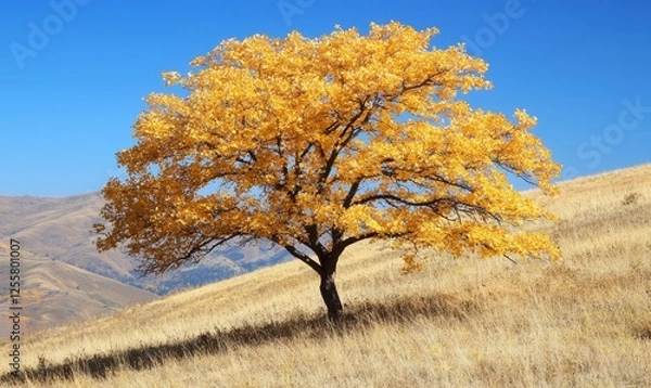Fototapeta Golden autumn tree on hillside with dry grass under blue sky