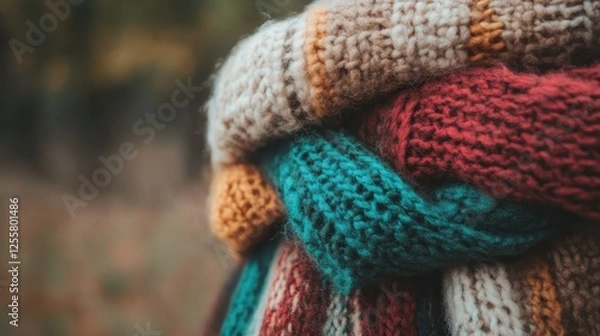 Fototapeta An array of cozy, colorful knitted scarves piled together, evoking feelings of warmth and comfort amidst a serene natural backdrop in autumn's embrace.