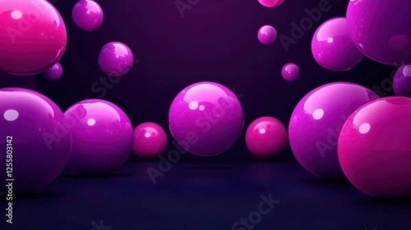Fototapeta Glowing neon purple spheres with a smooth glossy surface floating in darkness creating a futuristic and abstract visual with soft reflections