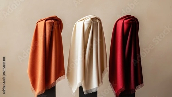 Fototapeta Three colored fabric pieces: orange, white, and red, displayed on stands