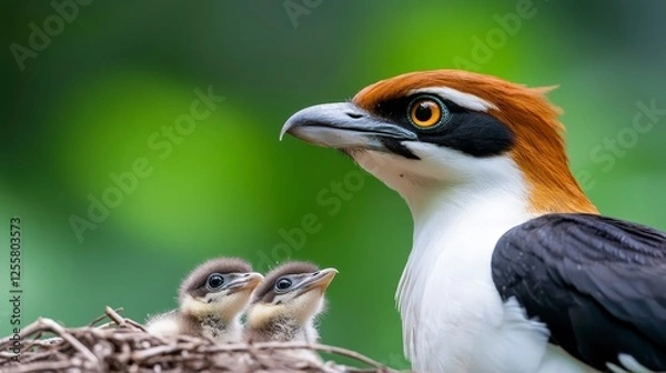Fototapeta Mother Bird with Chicks in Nest Surrounded by Lush Green Nature
