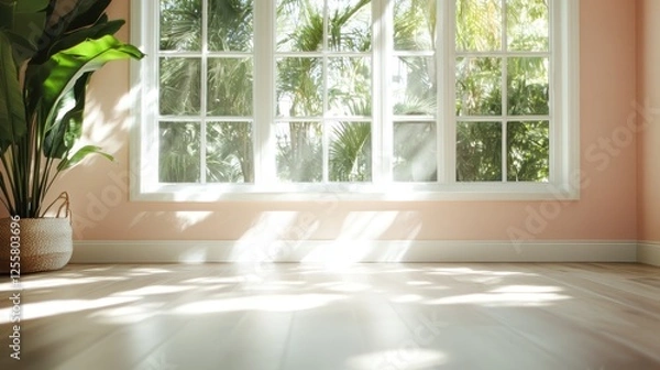Fototapeta The image depicts a bright room with large windows and soft pink walls, allowing sunlight to flood in and showcasing lush greenery just outside.