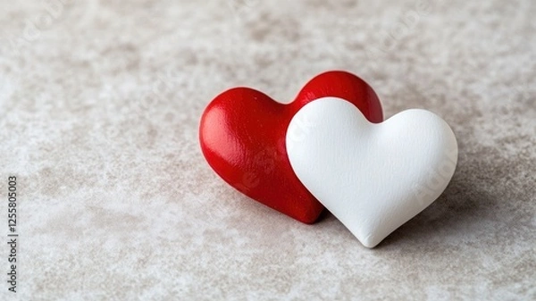 Fototapeta Two hearts, red and white, on textured surface