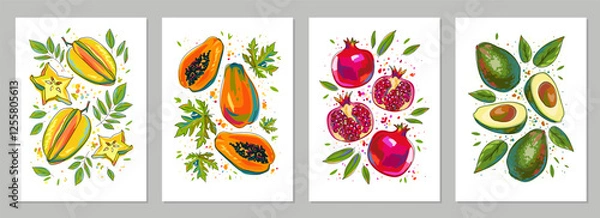 Fototapeta Set of posters with fruits and leaves. Backgrounds with carambola, papaya, pomegranates and avocado. Colorful art prints for cards, wall decor, banners, covers, labels, etc. Vector illustrations.