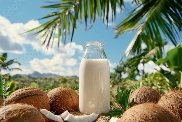 Fototapeta Vegan lifestyle meets eco-friendly protein. Coconut milk in a glass bottle surrounded by fresh coconuts and greenery.
