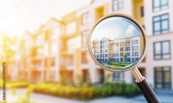 Fototapeta Magnifying glass focusing on apartment building in residential area, property search concept