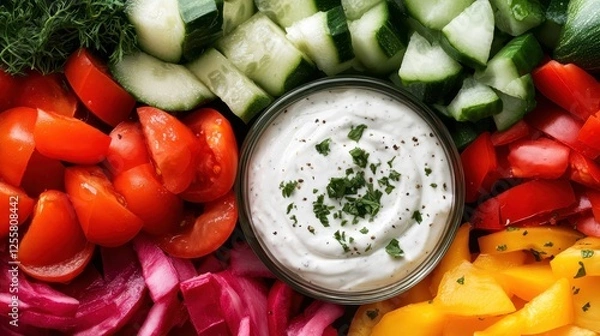 Fototapeta A dazzling overhead view of a colorful arrangement of fresh vegetables surrounding a creamy dip, emphasizing the importance of healthy eating through visually appealing presentation.