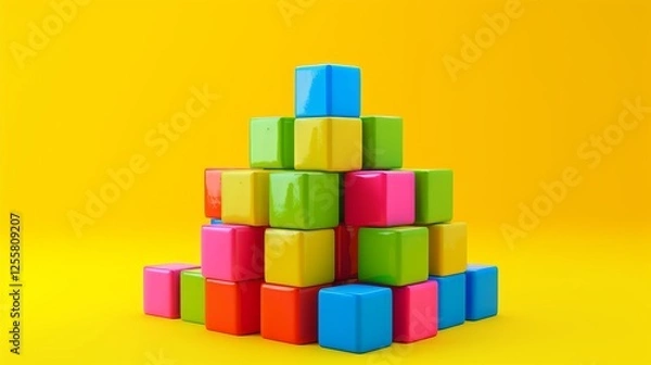 Fototapeta A glossy stack of colorful cubes arranged in a pyramid against a striking yellow background, radiating joy and vibrancy. Perfect for dynamic visuals. AI generated.