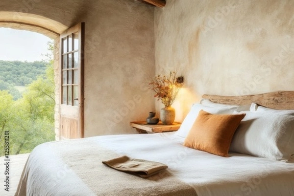 Fototapeta A medieval castle accommodation with grand bedrooms and antique furniture