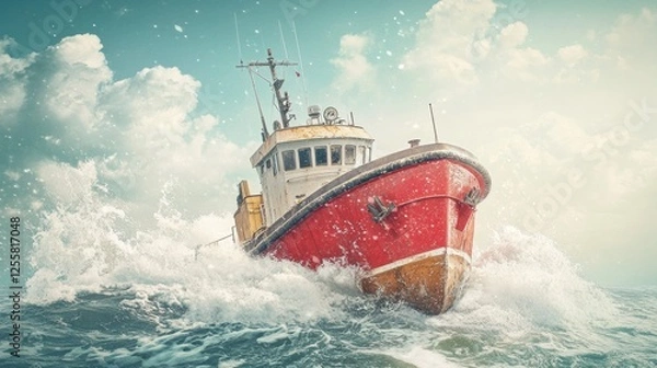 Fototapeta Brave Tugboat Navigates Turbulent Waves with Skill in a Stunning Ocean Scene Captured in High Quality