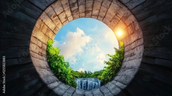 Fototapeta View of Serenity Through Circular Concrete Frame and Lush Green Nature