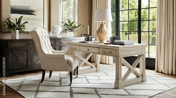 Fototapeta Elegant Home Office Desk Setting with Comfortable Chair