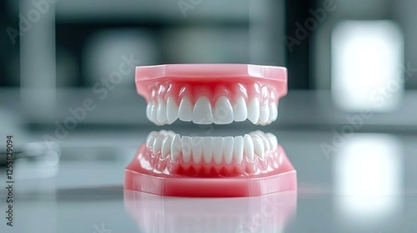 Fototapeta Close-up of a Dental Model Showing a Full Set of Upper and Lower Teeth with Pink Gums on a Reflective Surface in a Blurred Background
