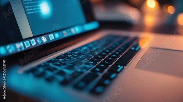 Fototapeta Close-up of illuminated laptop keyboard with bright screen reflection