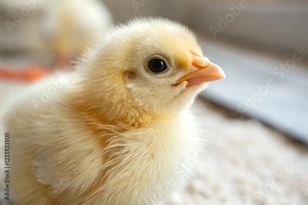 Fototapeta A detailed close-up shot of a baby chick with wide, bright eyes filled with curiosity. The soft feathers and warm tones highlight the innocence and charm of this tiny creature.