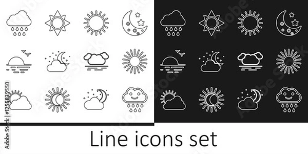 Fototapeta Set line Cloud with rain, Sun, moon and stars, Sunset, and icon. Vector