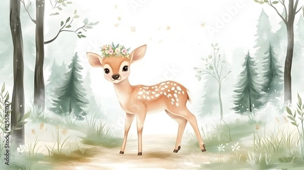 Obraz Adorable fawn with flower crown stands in watercolor forest