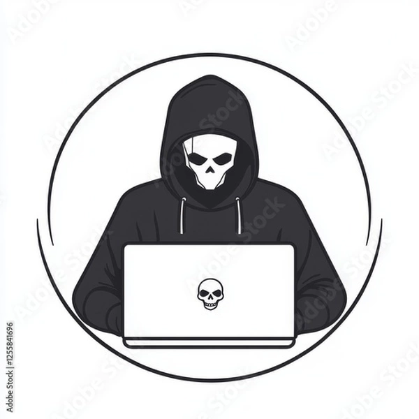 Fototapeta Hacker in Black Hoodie Flat Vector Icon on Laptop with Cyber Skull Background