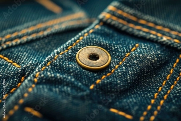 Fototapeta Close-up of denim fabric texture with a metallic button, showcasing intricate stitching and details.