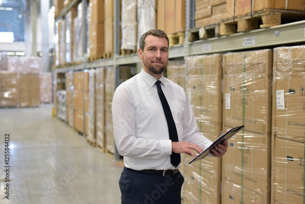 Fototapeta portrait friendly businessman/ manager in suit working in the warehouse of a company - control of inventories