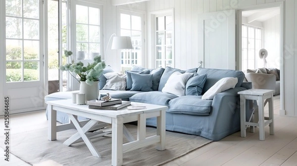 Fototapeta A spacious coastal-themed living room with a soft blue linen sofa, whitewashed wooden furniture, and large windows letting in natural sunlight.