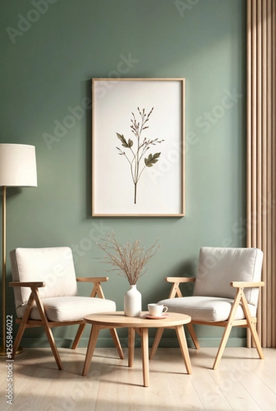Obraz A beautifully arranged minimalist living space featuring neutral-toned wooden furniture, a soft green wall, and nature-inspired decor, creating a cozy and sophisticated ambiance.