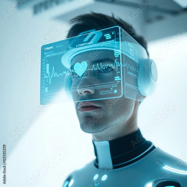 Fototapeta Hay computadoras conectadas a todo el cuerpo humano que pueden utilizarse con inteligencia artificial. La pantalla del ordenador muestra el biorritmo y la frecuencia cardíaca del hombre.