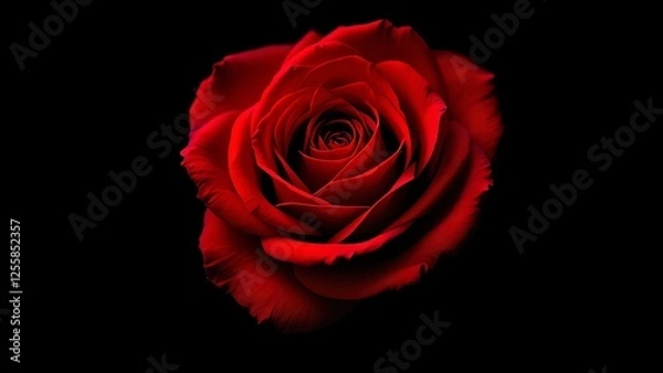 Fototapeta Close-up of a vibrant red rose blooming against a dramatic black background, capturing the essence of love, passion, and timeless beauty with its delicate petals and rich color