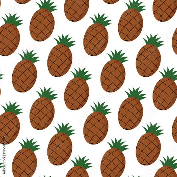 Obraz Seamless pattern of brown pineapples with green tops on white background, cartoon flat design.