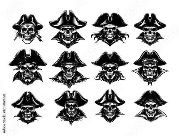 Fototapeta Pirate skull with hat engraving vector set. Dead head human bone jolly roger, cranium corsair privateer rogue avatar, outlaw maritime raider freebooter, isolated illustration on white backdrop