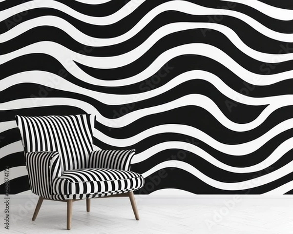 Fototapeta A sleek black-and-white wave pattern flowing seamlessly, offering a modern, minimalist look with an elegant abstract design for a stylish background